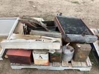 PALLET OF MISCELLANEOUS W/ VEHICLE PARTS, TOOL BOXES, AMMUNITION BOX & MORE ANTIQUE MISCELLANEOUS