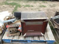 PALLET OF MISCELLANEOUS W/ HEATER, TIRE, BOTTLE JACKS, AIR HOSE REEL & TRAILER JACK