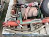 PALLET OF MISCELLANEOUS W/ HEATER, TIRE, BOTTLE JACKS, AIR HOSE REEL & TRAILER JACK - 7