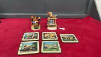 (2) HUMMEL FIGURINES & (5) COASTERS