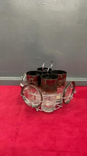 VINTAGE SILVER RIMMED DRINKING GLASSES & COASTERS ON CADDY