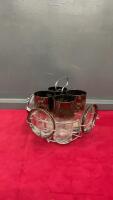 VINTAGE SILVER RIMMED DRINKING GLASSES & COASTERS ON CADDY