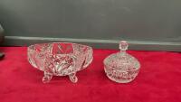 (2) CRYSTAL PIECES- SMALL 4-LEGGED CANDY DISH & SMALL COVERED CANDY/TRINKET DISH