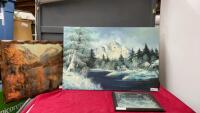 VARIETY OF PICTURES - MOUNTAIN SCENE OIL PAINTING, MIRROR W/ SAYING & SHELLAC MOUNTAIN PICTURE