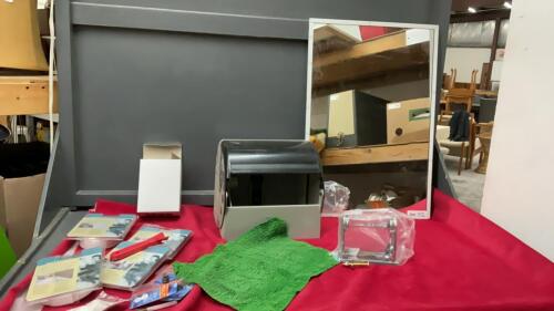 BOX W/ CAULKING STRIPS, MIRROR, PAPER TOWEL DISPENSER, TOILET PAPER HOLDER, SMALL TABLE LAMP