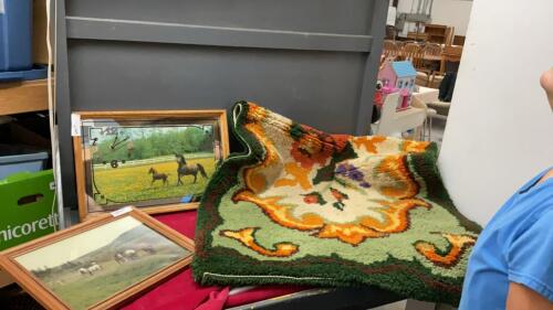 (2) HORSE PICTURES - ONE HAS A CLOCK AND A LATCH HOOK RUG