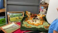 (2) HORSE PICTURES - ONE HAS A CLOCK AND A LATCH HOOK RUG