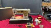 VINTAGE SINGER PORTABLE SEWING MACHINE W/ SOME ACCESSORIES