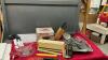 GLASS GRAVY BOAT, & BOX W/ MISC KITCHEN ITEMS - VARIETY OF KNIVES (SOME NEW), ROASTING