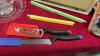 GLASS GRAVY BOAT, & BOX W/ MISC KITCHEN ITEMS - VARIETY OF KNIVES (SOME NEW), ROASTING - 5