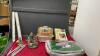 MISC BOX OF DECOR - WALL PAPER, DOUBLE SATIN BED SKIRT & SHAMS, RESIN WIND CHIMES, CANDLE SET (NEW), SMALL WATER FOUNTAIN