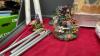 MISC BOX OF DECOR - WALL PAPER, DOUBLE SATIN BED SKIRT & SHAMS, RESIN WIND CHIMES, CANDLE SET (NEW), SMALL WATER FOUNTAIN - 5