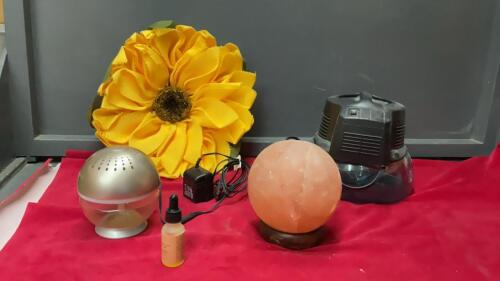 BOX OF DECOR - BURLAP SUNFLOWER, DIFFUSER, SALT ROCK (NO LIGHT), RAINMATE HUMIDIFIER