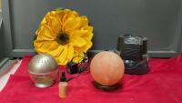 BOX OF DECOR - BURLAP SUNFLOWER, DIFFUSER, SALT ROCK (NO LIGHT), RAINMATE HUMIDIFIER