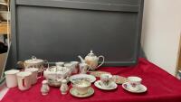 FLAT W/ CHINA DISHWARE - TEA CUPS & SAUCERS, TEAPOTS, CREAM & SUGAR, SALT & PEPPER