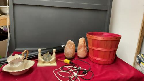 TOTE W/ SALT LAMPS (NO CORDS), APPLE BASKET, SMALL WOOD WALL SHELF, SMALL CERAMIC WATER PITCHER & BASIN