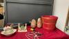 TOTE W/ SALT LAMPS (NO CORDS), APPLE BASKET, SMALL WOOD WALL SHELF, SMALL CERAMIC WATER PITCHER & BASIN