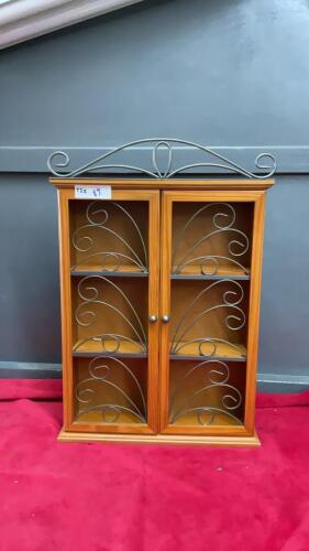SMALL WOD CURIO. SHELF W/ METAL SCROLL WORK ON DOORS