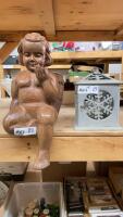 WOOD CARVED CHERUB & METAL OUTDOOR CANDLE HOLDER