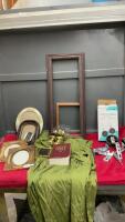 SET OF TRAINING WHEELS, VARIOUS FRAMES, GREEN TABLECLOTH, BRASS DOOR KNOBS AND A BIBLE