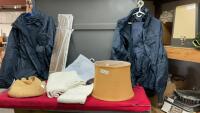GOOD LIDDED TOTE W/ LAMP SHADE, WETSKINS RAIN SUITS, PILLOW SHAMS, HANGARS, VEHICLE WIDSHIELD COVER, BEACH TOTE
