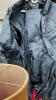 GOOD LIDDED TOTE W/ LAMP SHADE, WETSKINS RAIN SUITS, PILLOW SHAMS, HANGARS, VEHICLE WIDSHIELD COVER, BEACH TOTE - 7