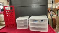 (3) STORAGE UNITS - (2) STERILITE 3-DRAWER, AND (2) RED BASKETS