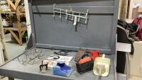 PAIL W/SCOOPS, HANGERS, BOOT JACK, NOVELTY LICENSE PLATES, RACK