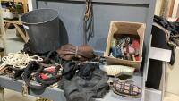 CAN + BOX W/GROOMING SUPPLIES, LEADS, HEADSTALL, REINS, PET COLLARS