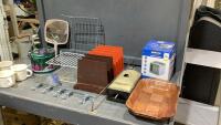 BOX + WICKER BASKET W/HOUSEHOLD ITEMS