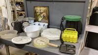 BOX W/ COLLAPSABLE STOOL/TABLE, COFFEE POTS, BUCKET
