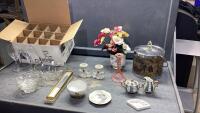 (2)BOXES - (8)WINE GLASSES, GLASS SALAD BOWL W/4 BOWLS, CAKE KNIFE, VINTAGE CANDLE STICK