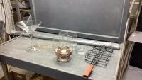BOX W/SHOWER CURTAIN ROD, CANDLE HOLDER, LARGE COCKTAIL GLASS, CLEAR VASES, HOT DOG COOKER