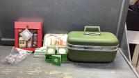 BOX + VINTAGE JETLINER TRAVEL CASE, CANDLES, SHOWER KITS