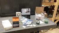 BOX OF ASSORTED ELECTRONICS - WIFI CAMERA, TELEPROMPTER, ONE KEY, CAMERA LENSE KIT, CAMERA FILTER, MISCELLANEOUS BAG, EYE TREATMENTS
