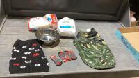 BOX OF ASSORTED - DOG SOCKS, PET DIAPERS, DOG METAL DISH, CAMOFLAUGE VEST FOR SMALL DOGS, KNITTED SWEATER FOR SMALL DOG
