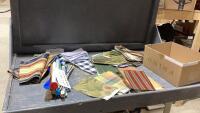 BOX OF ASSORTED - KNITTING NEEDLES, FABRIC SQAURES, FEW REMINENTS OF MATERIALS