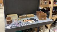 BOX OF ASSORTED - WADE FIGURINES, CIGAR BOX, VINTAGE COPPER CRAFT KIT, DRAWER FROM SEWING CABINET, FILE BOX, COLLECTOR SPORTS TEAM CHIPS,,
