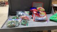 BOX OF ASSORTED CHRISTMAS DECOR - LIGHTS, BEADED GARLAND, TINSEL GARLAND, WREATHS
