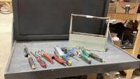 GARDENING TOOLS - SHOVELS, HANDHELD CULTIVATORS, SPRINKLER, WEEDERS IN A NICE WOODEN CARRYING CASE