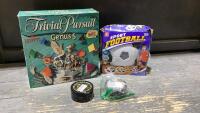 BOX OF ASSORTED GAMES - TRIVIA PURSUIT, SPORT FOOTBALL, AND 2 EYE MASKS