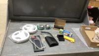 BOX OF ASSORTED ITEMS - (2) WII RACING STEERING WHEELS, EYE MASKS, SWITCH LITE CASE, DOG TRAINING ITEM, CASE TO CARRY ITEMS, MINI PORTABLE DOCK W NO CORD