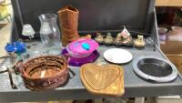 BOX W/CANDLE HOLDERS, &ldquo;BOOT&rdquo; PLANTER, WICKER BASKETS, PLASTIC PLATES, SPICE RACK