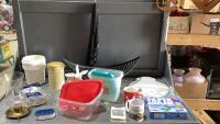 (2)BOXES -METAL DECORATIVE TRAY, PLASTIC STORAGE CONTAINERS, MUGS