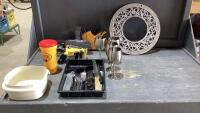 BOX W/CUTLERY, PRICE TAG STICKER GUN, AUTO MASKING TAPE DISPENSER, 4 METAL WINE GLASSES, DECORATIVE METAL WALL DECOR