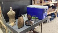 BLUE + WHITE COLEMAN COOLER W/DECOR ITEMS