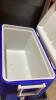 BLUE + WHITE COLEMAN COOLER W/DECOR ITEMS - 7