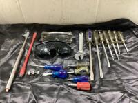 SHOP BOX W/ SAFETY GLASSES, WRENCH, SCREW DRIVERS & MISC