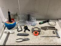 SHOP BOX W/ OIL WRENCH, DRILL BITS, PILERS, DRUM AUGER, STRIP CUTTER, SCREWS & MISC