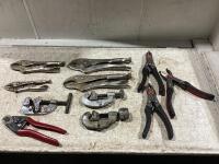 SHOP BOX W/ VISE GRIPS, PILERS, TUBE CUTTERS & WIRE ROPE CUTTER